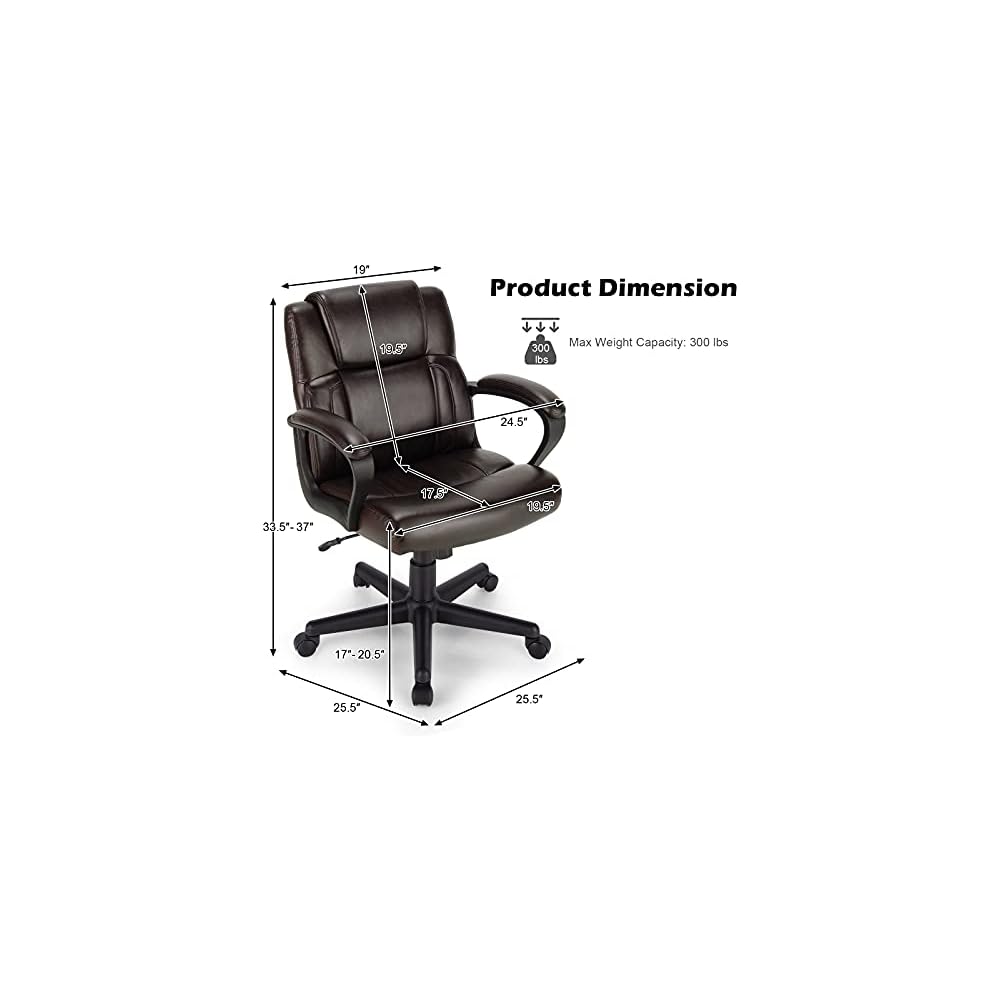 GIANTEX Leather Executive Chair, Ergonomic Mid Back Computer Desk Chair with 4" Thickened Cushion, Soft Padded Armrests, Height Adjustable Modern Swivel Task Chair for Home Office Study, Brown