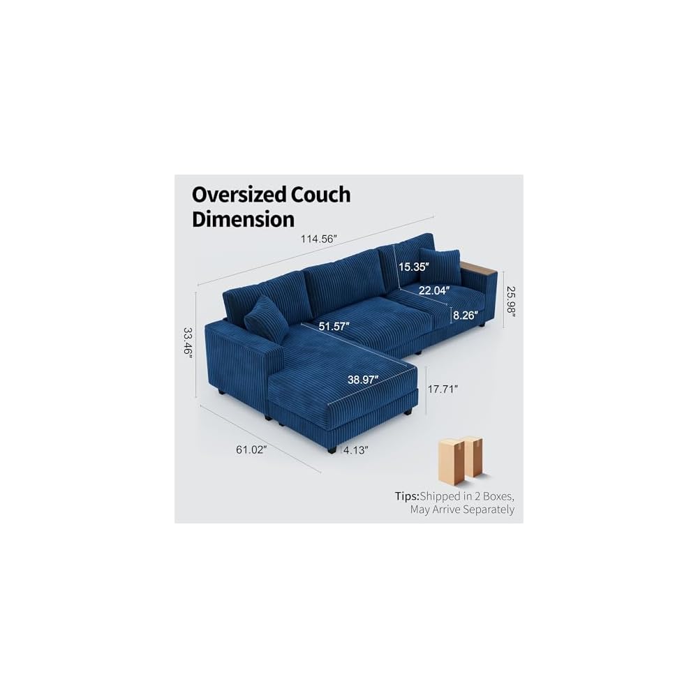 Modular Sectional Sofa, 114.5" Convertible L Shaped Couch with Corduroy Fabric, 3 Seater Corner Sleeper Sofa with Chaise, Storage Armrests & 2 Pillows, Modern Comfy Upholstered Couches for Living Room
