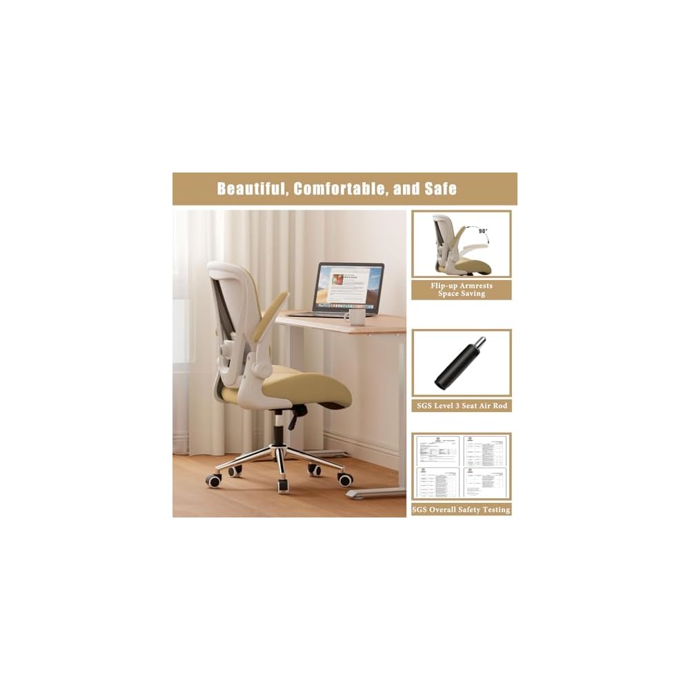 Kahki Ergonomic Office Desk Chair, Soft Fabric Thickened Curved seat Cushion with Adjustable Lumbar Support, Perfect Blend of Comfort and Good Looks, Ideal Chair for Home or Office, Khaki