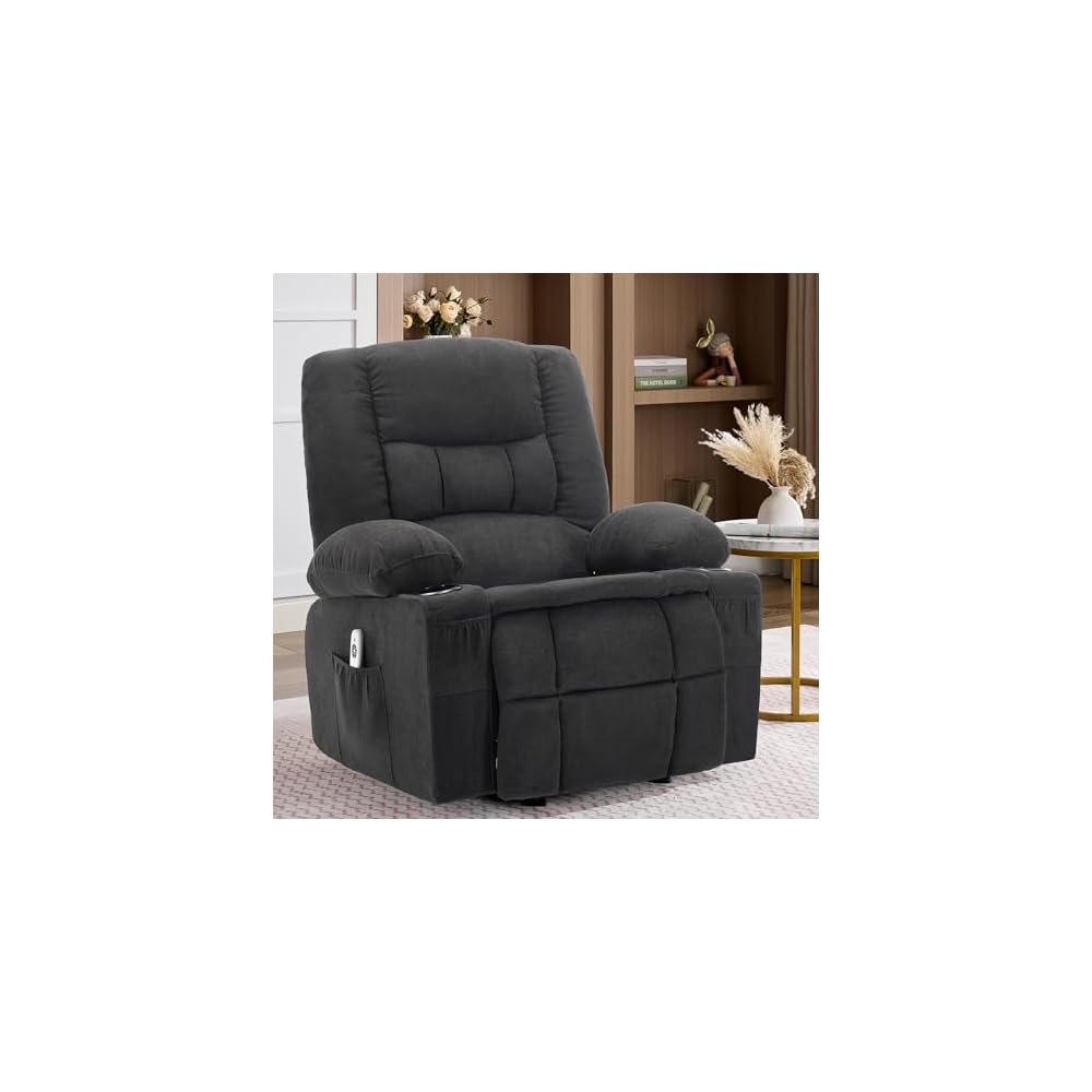 Rocker Recliner Chair with Massage and Heat, Nursery Rocking Chairs for Living Room, Ergonomic Comfy Relining Chair with Cup Holders, USB Charge Port, Side Pockets, Comfortable Arms, Single Sofa,Black