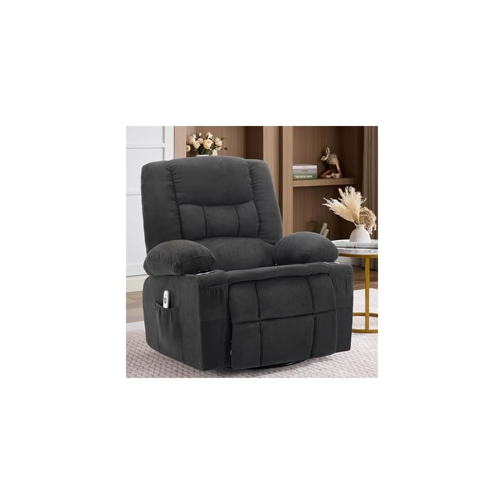 Rocker Recliner Chair with Massage and Heat, Nursery Rocking Chairs for Living Room, Ergonomic Comfy Relining Chair with Cup Holders, USB Charge Port, Side Pockets, Comfortable Arms, Single Sofa,Black