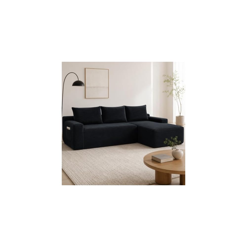 HOME IDOL Boneless Cloud L-Shaped Sectional Couch, Corduroy Right Black