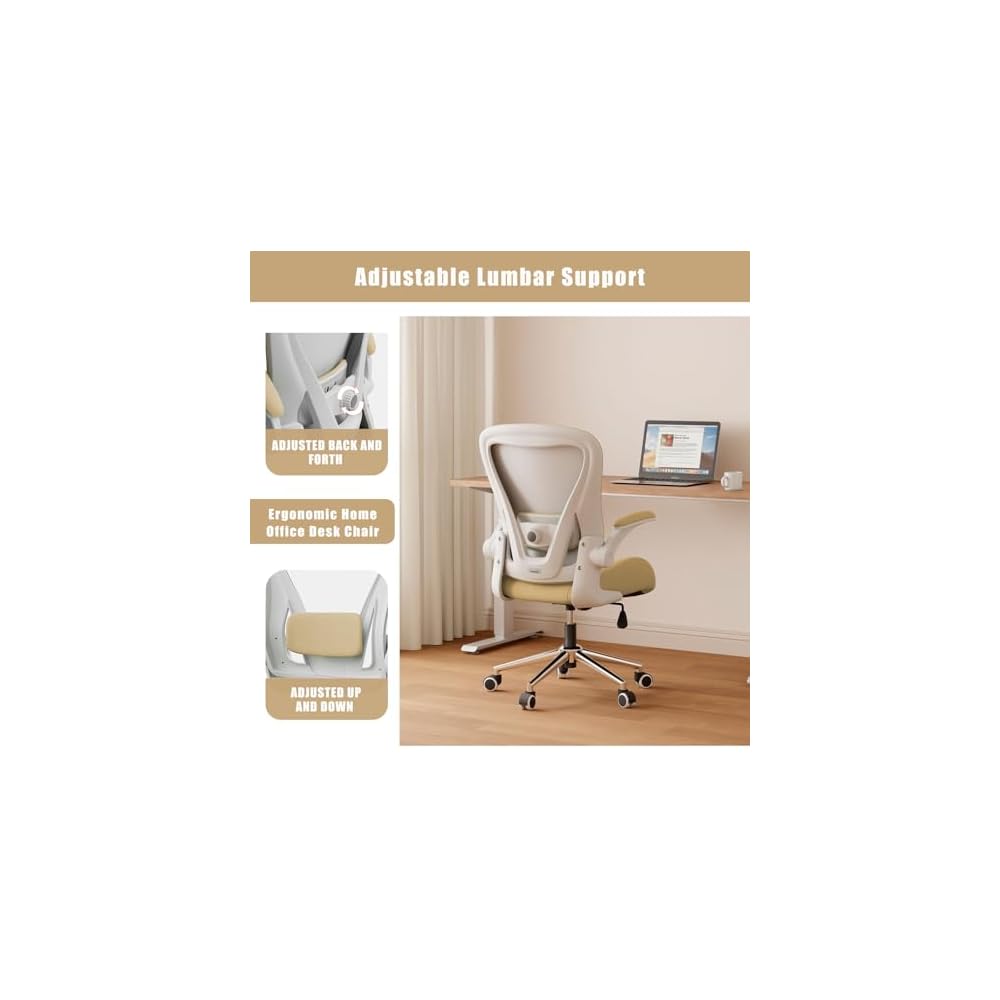 Kahki Ergonomic Office Desk Chair, Soft Fabric Thickened Curved seat Cushion with Adjustable Lumbar Support, Perfect Blend of Comfort and Good Looks, Ideal Chair for Home or Office, Khaki