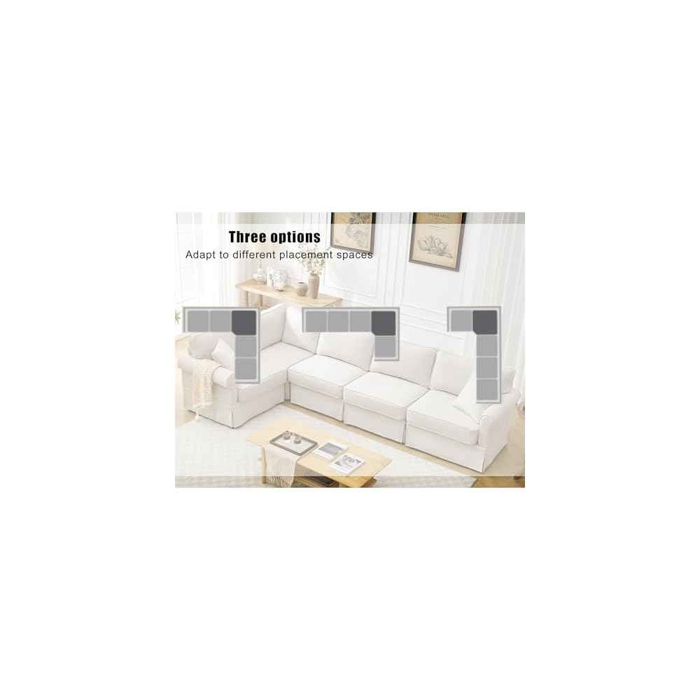KEIKI 94" L-Shaped Oversized Modular Linen Sectional Sofa with Rolled Arms, Cushion Back, Modern Style Convertible 5-Seater Corner Couch, Easy Assembly, for Apartment, Living Room, Bedroom, Beige