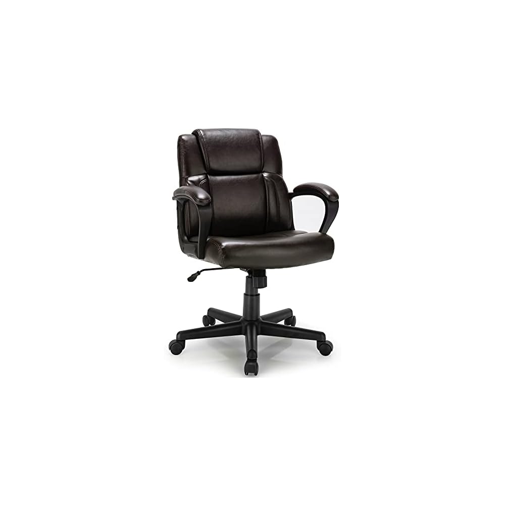 GIANTEX Leather Executive Chair, Ergonomic Mid Back Computer Desk Chair with 4" Thickened Cushion, Soft Padded Armrests, Height Adjustable Modern Swivel Task Chair for Home Office Study, Brown