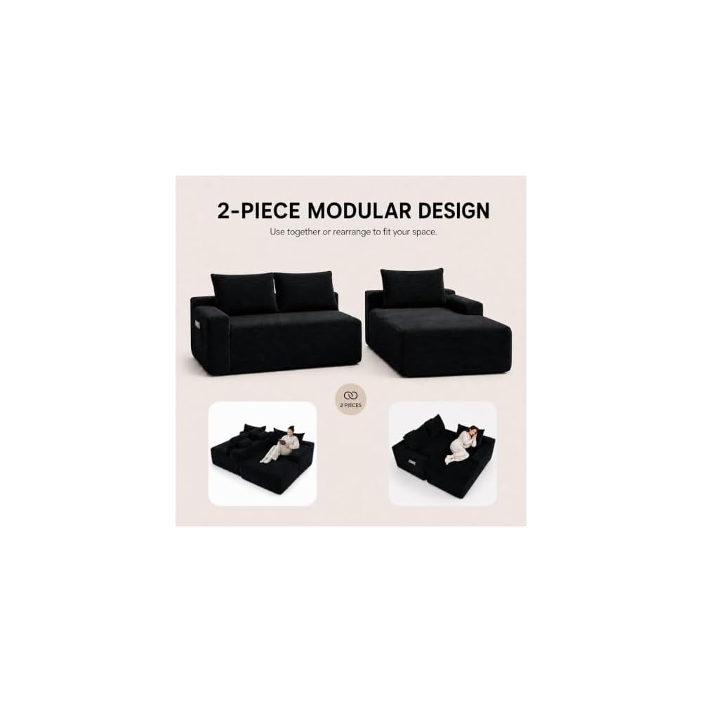 HOME IDOL Boneless Cloud L-Shaped Sectional Couch, Corduroy Right Black