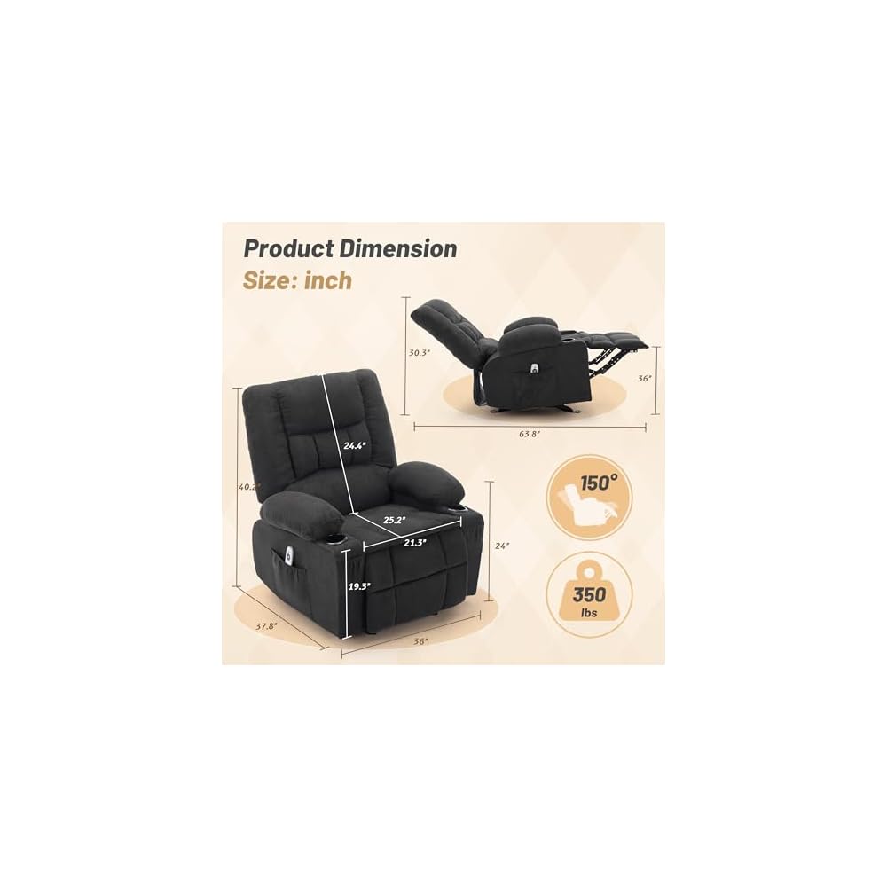 Rocker Recliner Chair with Massage and Heat, Nursery Rocking Chairs for Living Room, Ergonomic Comfy Relining Chair with Cup Holders, USB Charge Port, Side Pockets, Comfortable Arms, Single Sofa,Black