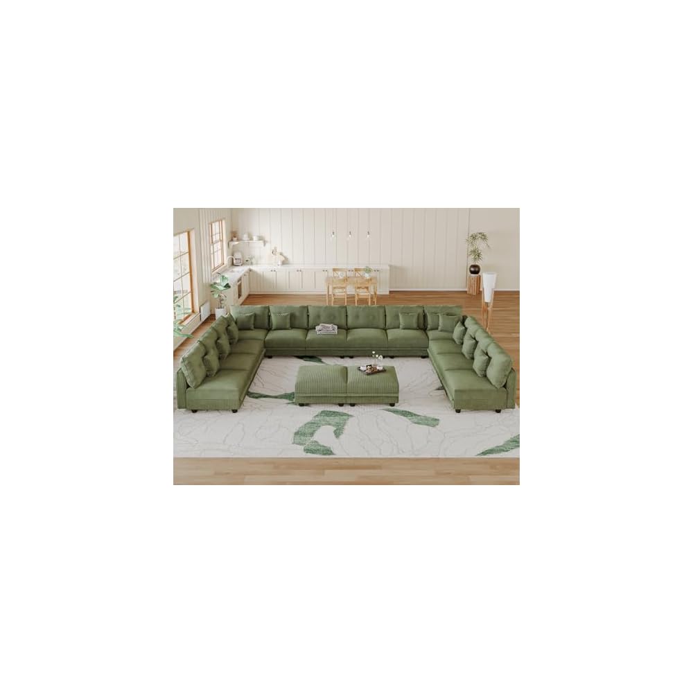 LLappuil Oversized Sectional Sofa Modular Cloud Couch with 14 Storage Seats & 12 Throw Pillows, Corduroy U Shaped Couches for Large Living Room, Rearrangable Sleeper Sofas, Scratch Resistant, Green