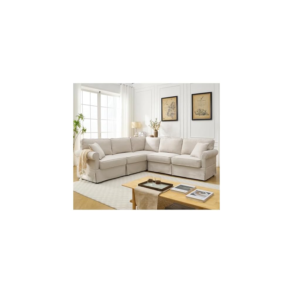 KEIKI 94" L-Shaped Oversized Modular Linen Sectional Sofa with Rolled Arms, Cushion Back, Modern Style Convertible 5-Seater Corner Couch, Easy Assembly, for Apartment, Living Room, Bedroom, Beige