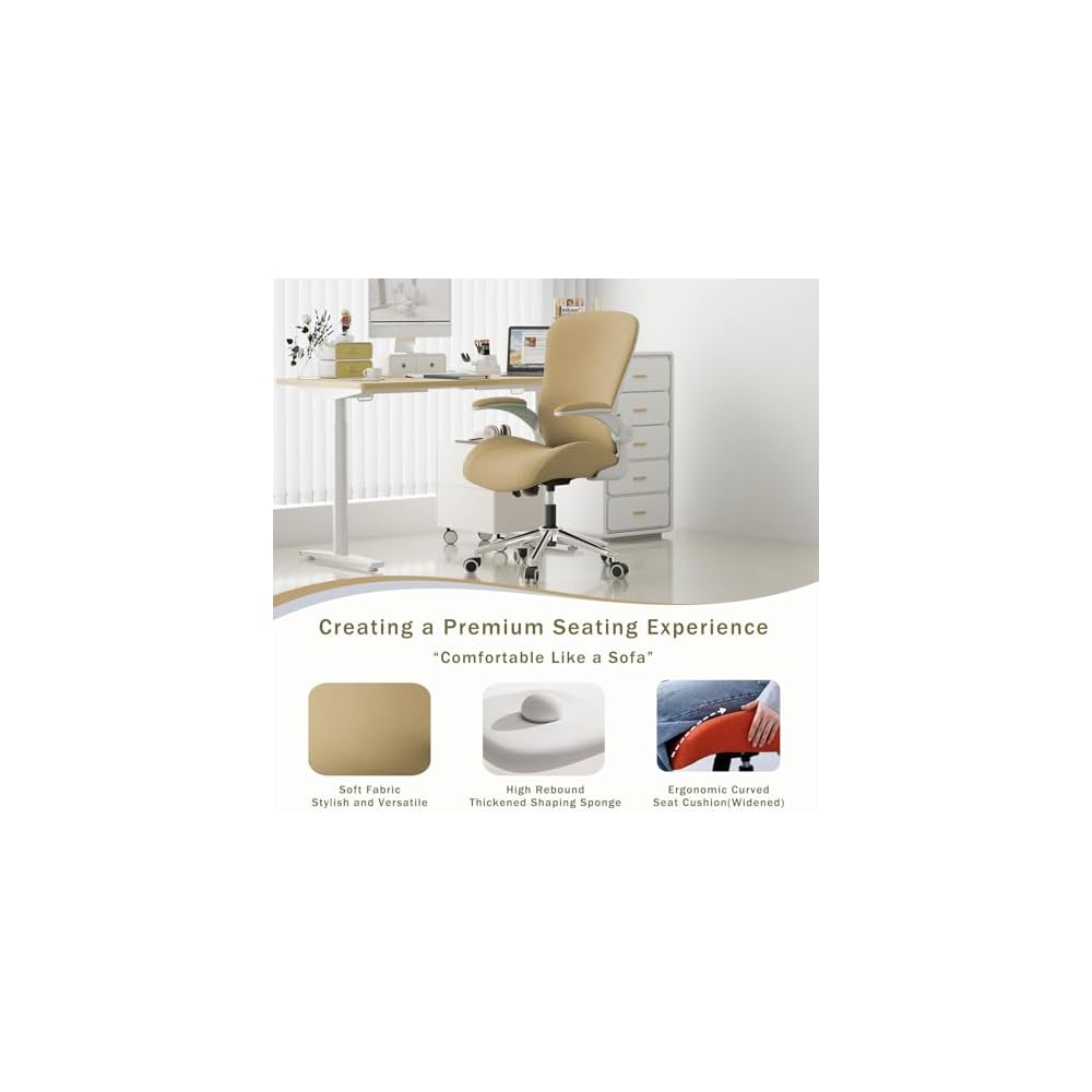 Kahki Ergonomic Office Desk Chair, Soft Fabric Thickened Curved seat Cushion with Adjustable Lumbar Support, Perfect Blend of Comfort and Good Looks, Ideal Chair for Home or Office, Khaki