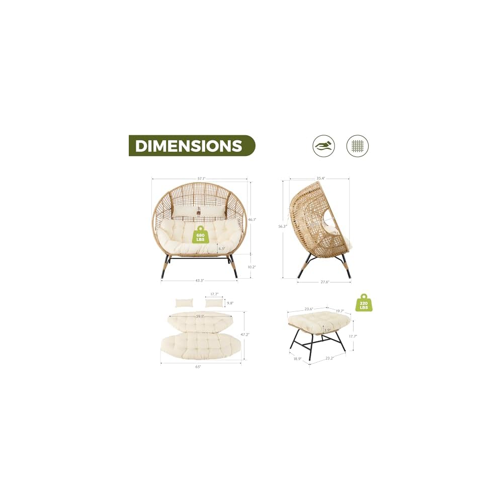 RADIATA Double Egg Chair with Ottoman, 2 Person Outdoor Wicker Loveseat