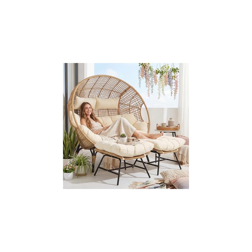 RADIATA Double Egg Chair with Ottoman, 2 Person Outdoor Wicker Loveseat