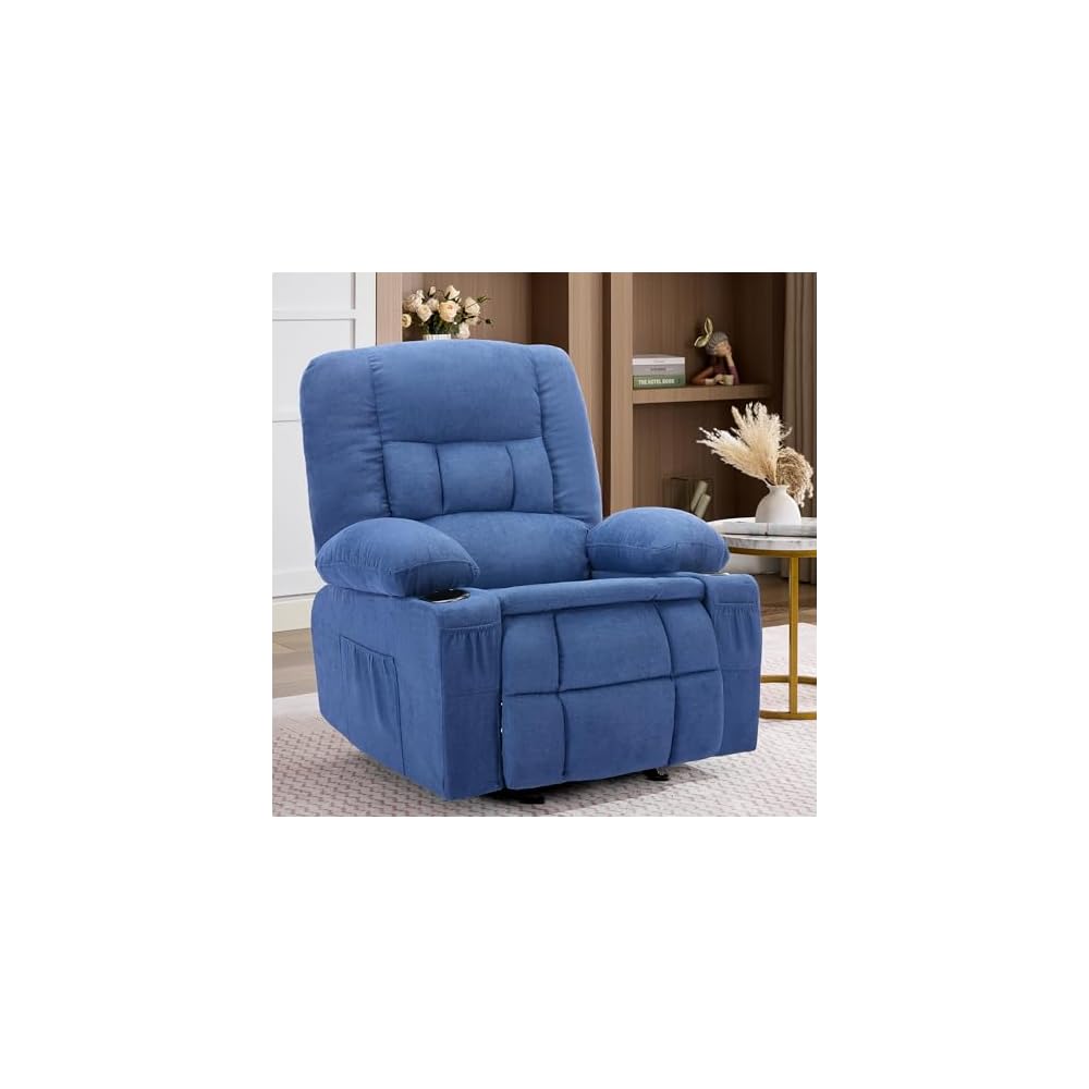 Rocker Recliner Chair with Massage and Heat, Nursery Rocking Chairs for Living Room, Ergonomic Comfy Relining Chair with Cup Holders, USB Charge Port, Side Pockets, Comfortable Arms, Single Sofa,Black