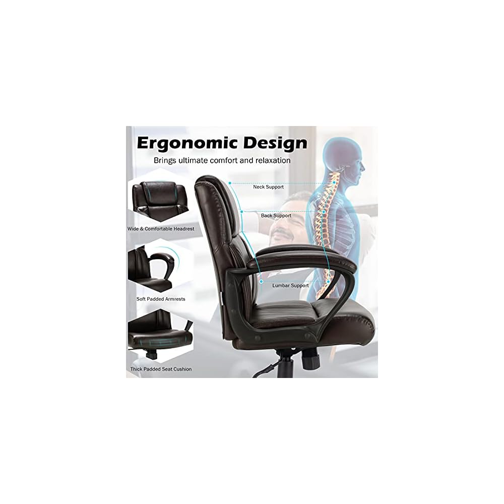 GIANTEX Leather Executive Chair, Ergonomic Mid Back Computer Desk Chair with 4" Thickened Cushion, Soft Padded Armrests, Height Adjustable Modern Swivel Task Chair for Home Office Study, Brown