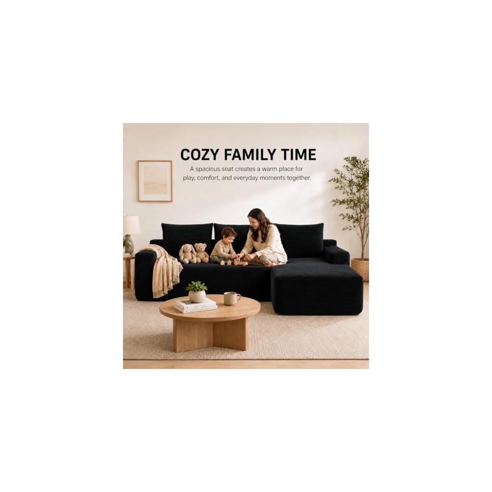 HOME IDOL Boneless Cloud L-Shaped Sectional Couch, Corduroy Right Black
