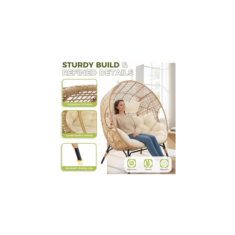 RADIATA Double Egg Chair with Ottoman, 2 Person Outdoor Wicker Loveseat
