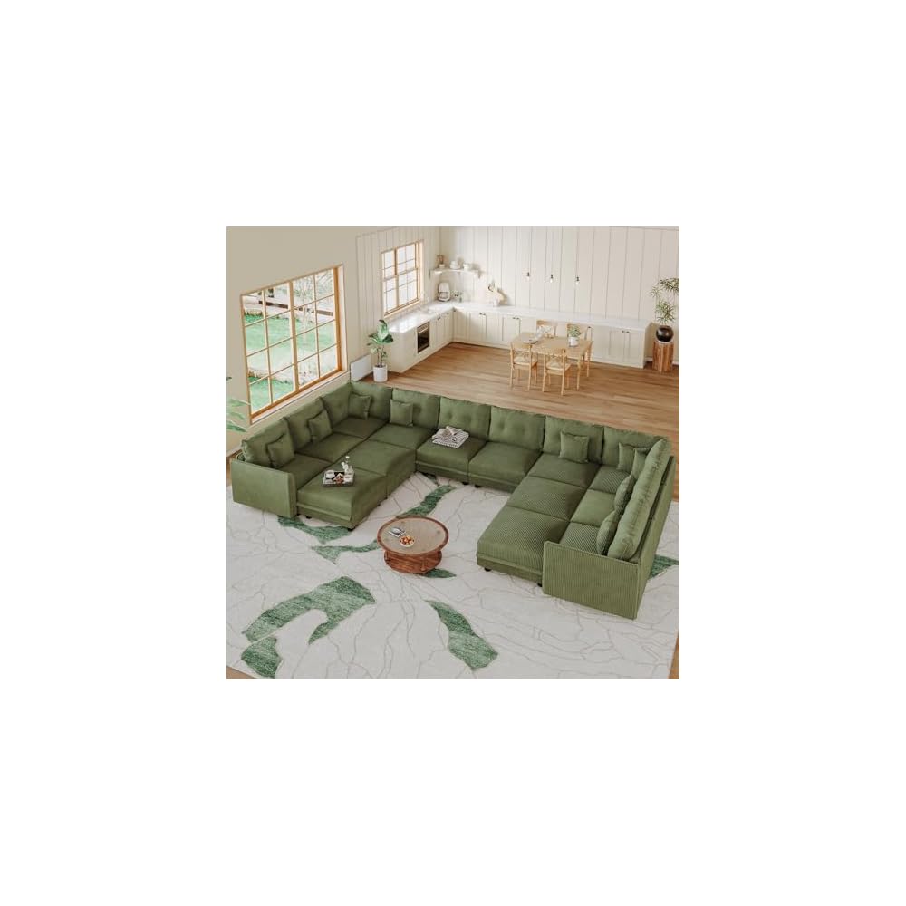 LLappuil Oversized Sectional Sofa Modular Cloud Couch with 14 Storage Seats & 12 Throw Pillows, Corduroy U Shaped Couches for Large Living Room, Rearrangable Sleeper Sofas, Scratch Resistant, Green