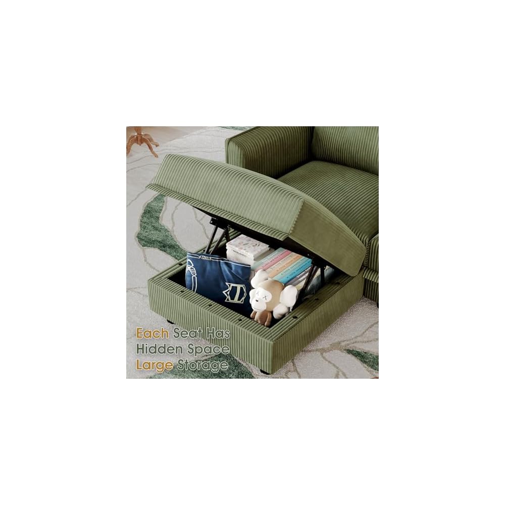 LLappuil Oversized Sectional Sofa Modular Cloud Couch with 14 Storage Seats & 12 Throw Pillows, Corduroy U Shaped Couches for Large Living Room, Rearrangable Sleeper Sofas, Scratch Resistant, Green