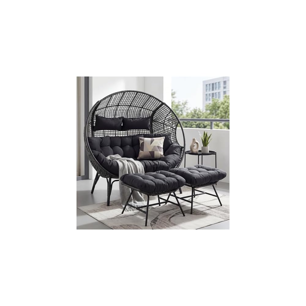 RADIATA Double Egg Chair with Ottoman, 2 Person Outdoor Wicker Loveseat