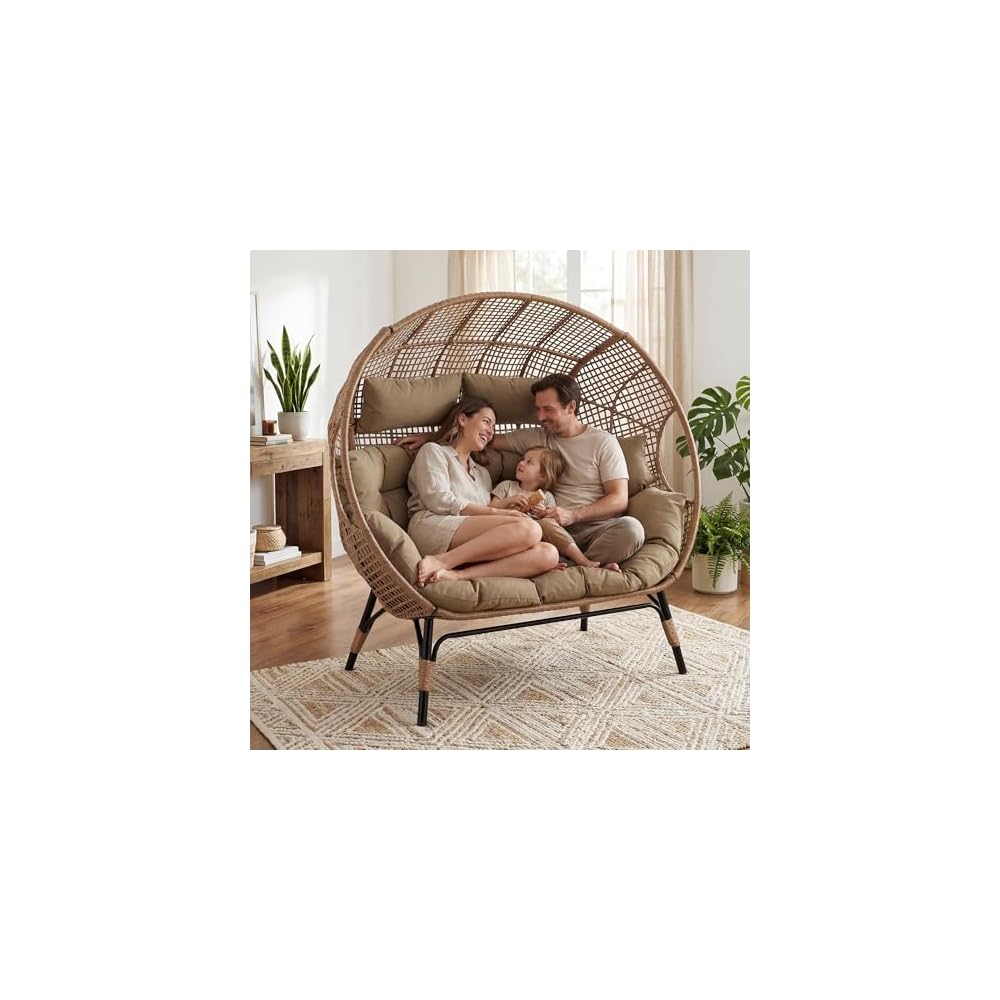 RADIATA Double Egg Chair with Ottoman, 2 Person Outdoor Wicker Loveseat