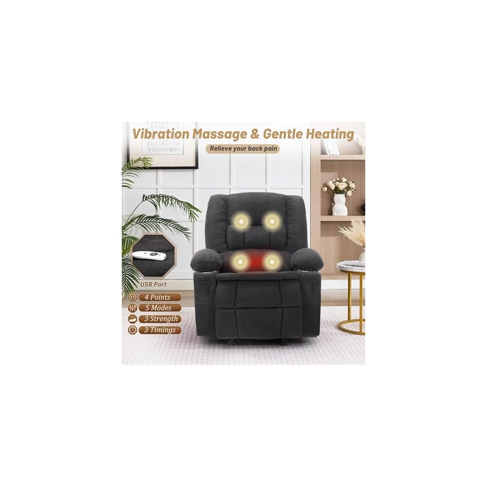 Rocker Recliner Chair with Massage and Heat, Nursery Rocking Chairs for Living Room, Ergonomic Comfy Relining Chair with Cup Holders, USB Charge Port, Side Pockets, Comfortable Arms, Single Sofa,Black
