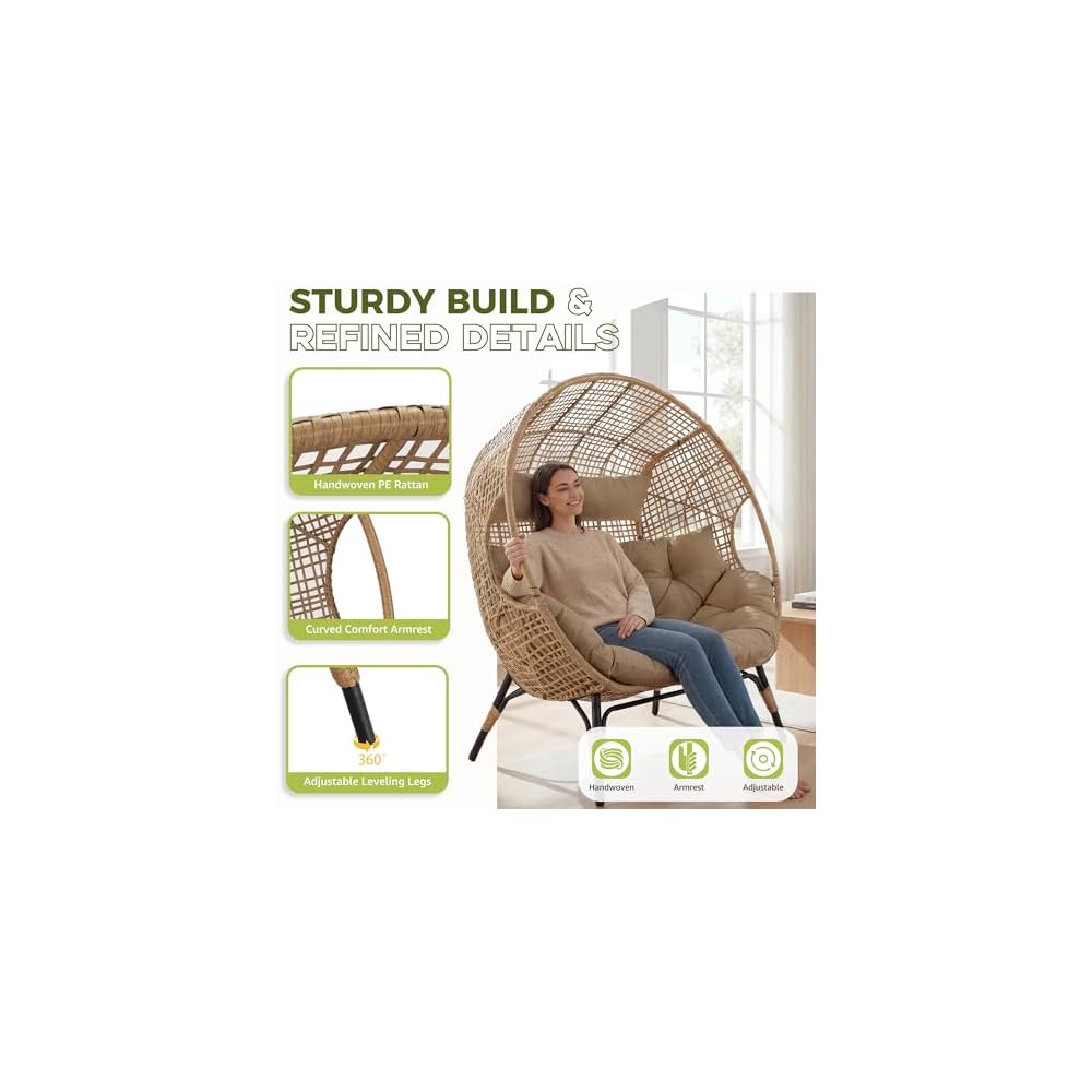 RADIATA Double Egg Chair with Ottoman, 2 Person Outdoor Wicker Loveseat