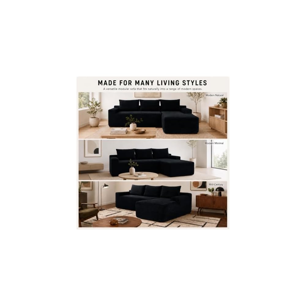 HOME IDOL Boneless Cloud L-Shaped Sectional Couch, Corduroy Right Black