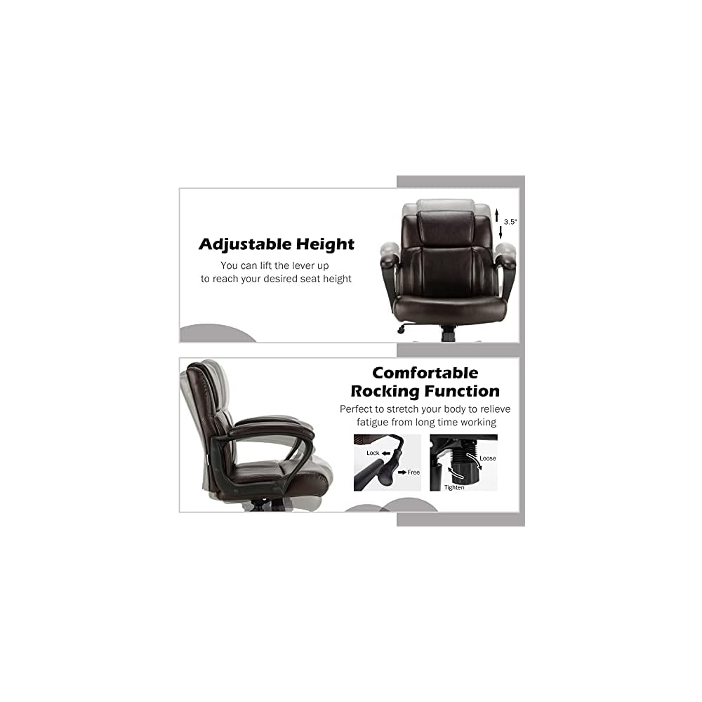 GIANTEX Leather Executive Chair, Ergonomic Mid Back Computer Desk Chair with 4" Thickened Cushion, Soft Padded Armrests, Height Adjustable Modern Swivel Task Chair for Home Office Study, Brown