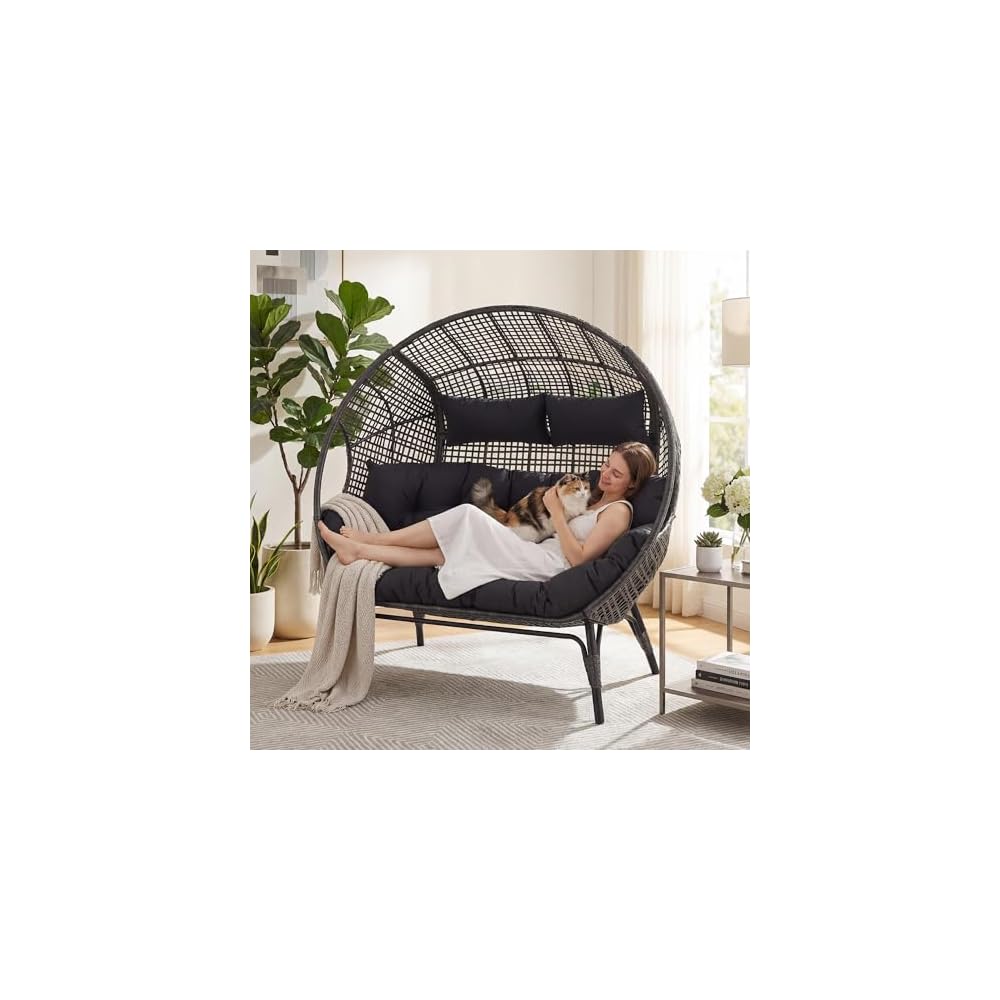 RADIATA Double Egg Chair with Ottoman, 2 Person Outdoor Wicker Loveseat