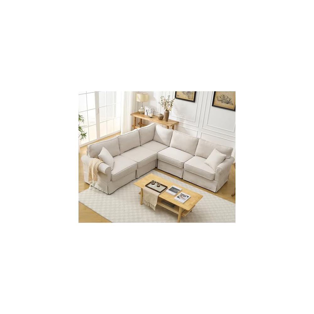 KEIKI 94" L-Shaped Oversized Modular Linen Sectional Sofa with Rolled Arms, Cushion Back, Modern Style Convertible 5-Seater Corner Couch, Easy Assembly, for Apartment, Living Room, Bedroom, Beige