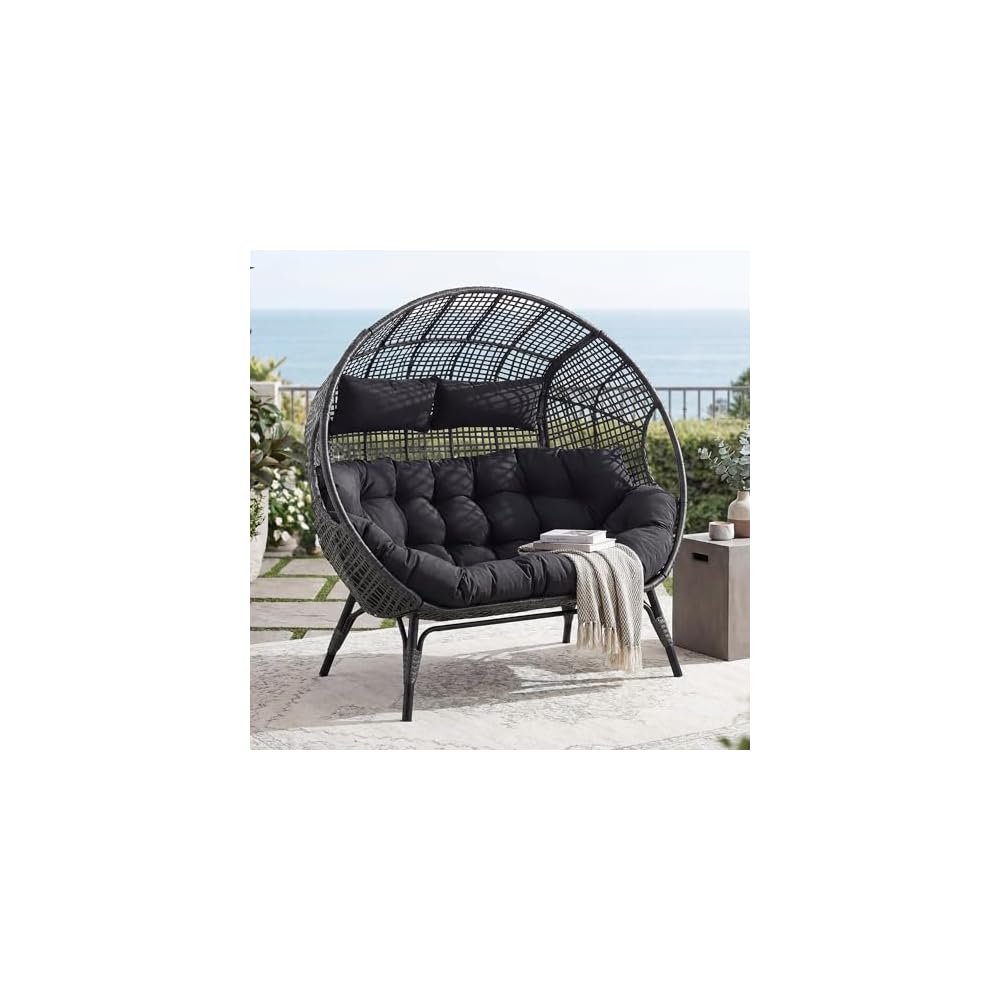 RADIATA Double Egg Chair with Ottoman, 2 Person Outdoor Wicker Loveseat