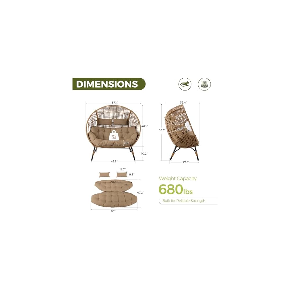 RADIATA Double Egg Chair with Ottoman, 2 Person Outdoor Wicker Loveseat
