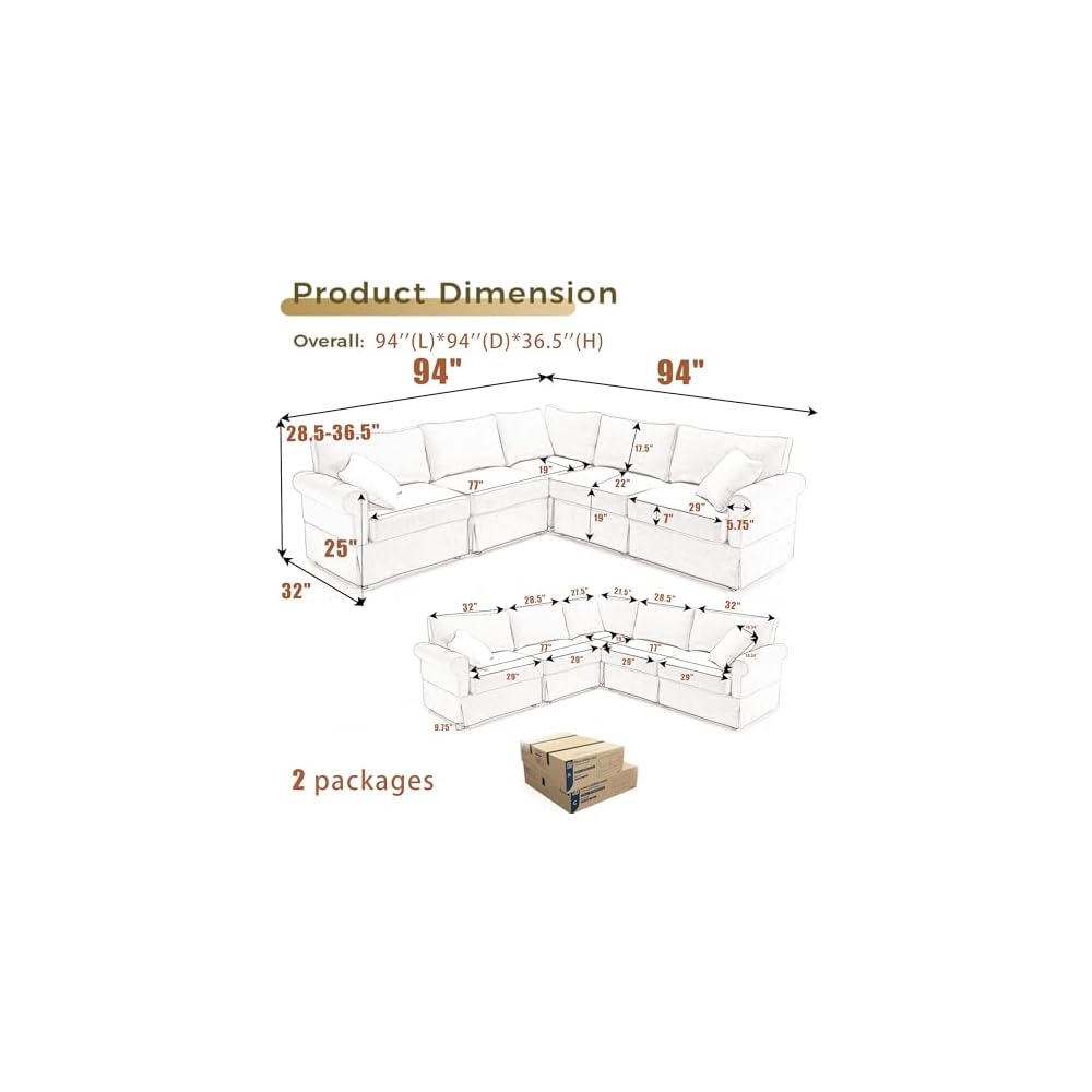 KEIKI 94" L-Shaped Oversized Modular Linen Sectional Sofa with Rolled Arms, Cushion Back, Modern Style Convertible 5-Seater Corner Couch, Easy Assembly, for Apartment, Living Room, Bedroom, Beige