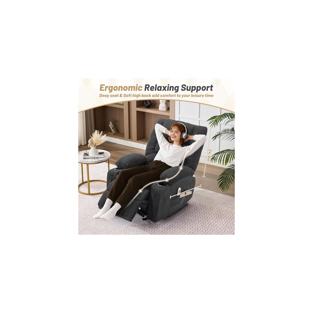 Rocker Recliner Chair with Massage and Heat, Nursery Rocking Chairs for Living Room, Ergonomic Comfy Relining Chair with Cup Holders, USB Charge Port, Side Pockets, Comfortable Arms, Single Sofa,Black