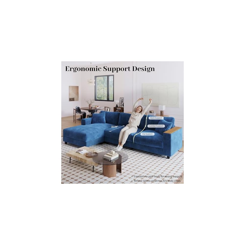 Modular Sectional Sofa, 114.5" Convertible L Shaped Couch with Corduroy Fabric, 3 Seater Corner Sleeper Sofa with Chaise, Storage Armrests & 2 Pillows, Modern Comfy Upholstered Couches for Living Room
