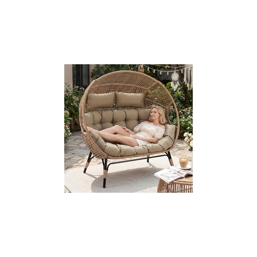 RADIATA Double Egg Chair with Ottoman, 2 Person Outdoor Wicker Loveseat