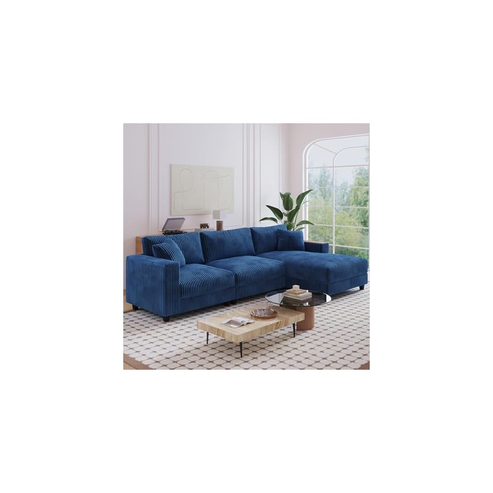 Modular Sectional Sofa, 114.5" Convertible L Shaped Couch with Corduroy Fabric, 3 Seater Corner Sleeper Sofa with Chaise, Storage Armrests & 2 Pillows, Modern Comfy Upholstered Couches for Living Room