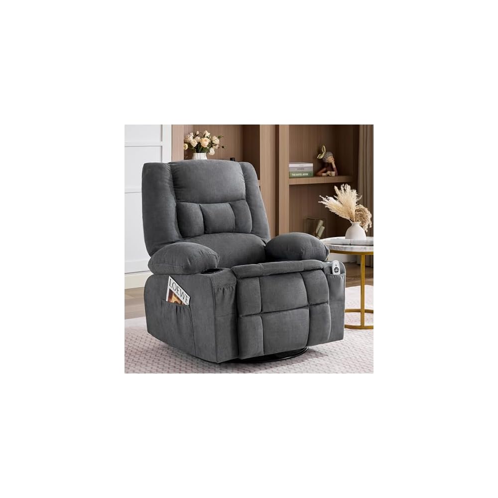 Rocker Recliner Chair with Massage and Heat, Nursery Rocking Chairs for Living Room, Ergonomic Comfy Relining Chair with Cup Holders, USB Charge Port, Side Pockets, Comfortable Arms, Single Sofa,Black