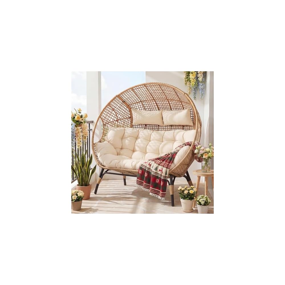 RADIATA Double Egg Chair with Ottoman, 2 Person Outdoor Wicker Loveseat