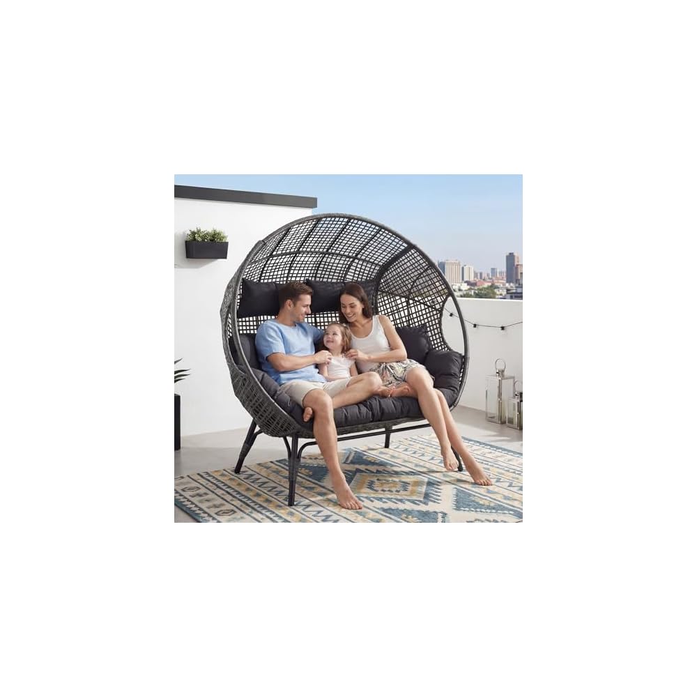 RADIATA Double Egg Chair with Ottoman, 2 Person Outdoor Wicker Loveseat