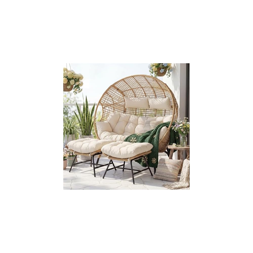 RADIATA Double Egg Chair with Ottoman, 2 Person Outdoor Wicker Loveseat