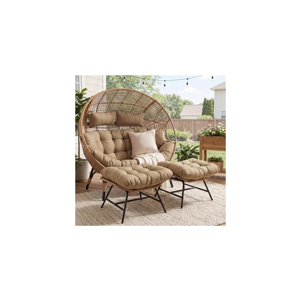 RADIATA Double Egg Chair with Ottoman, 2 Person Outdoor Wicker Loveseat