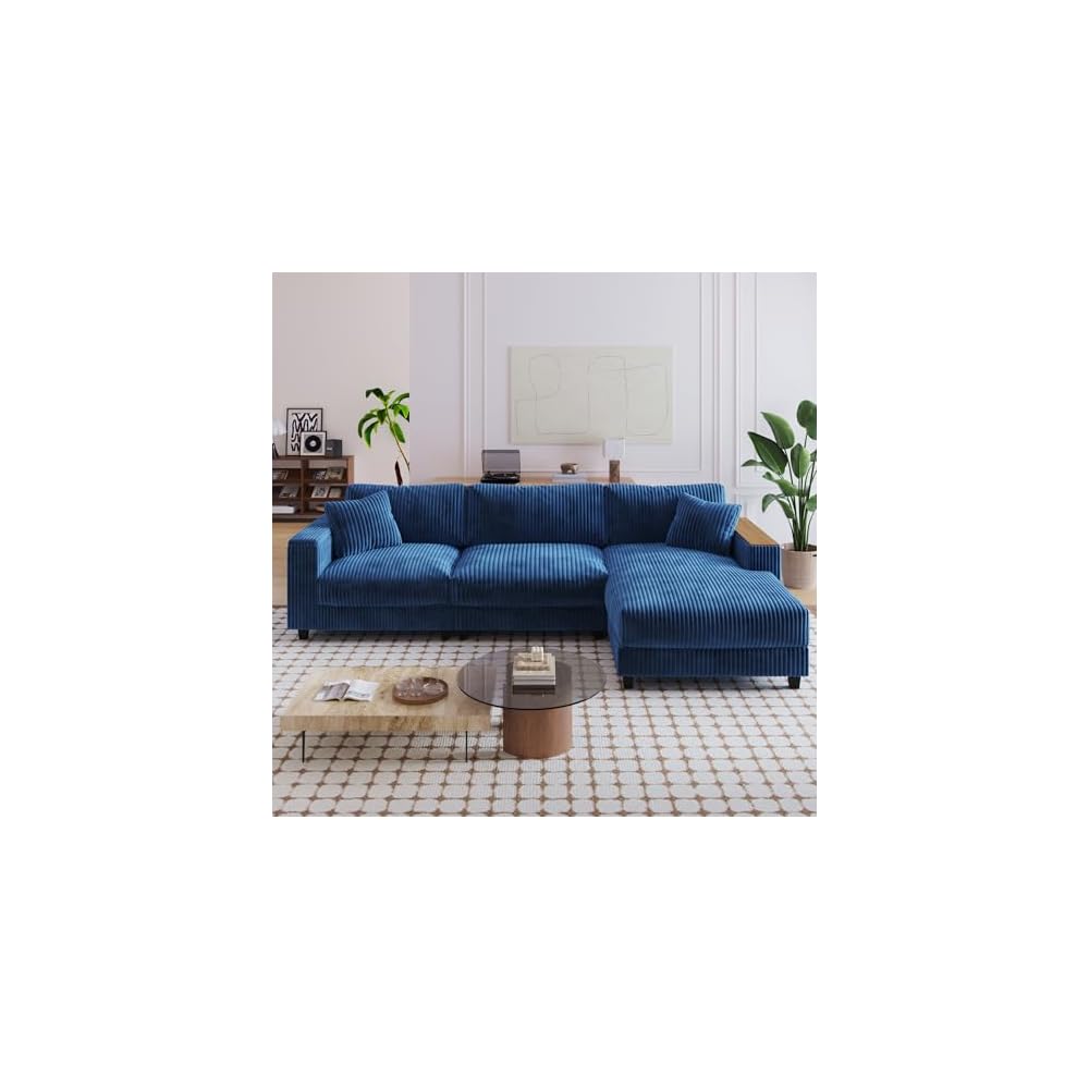 Modular Sectional Sofa, 114.5" Convertible L Shaped Couch with Corduroy Fabric, 3 Seater Corner Sleeper Sofa with Chaise, Storage Armrests & 2 Pillows, Modern Comfy Upholstered Couches for Living Room