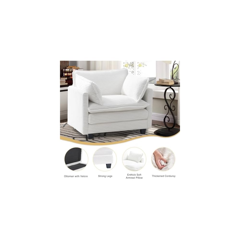 Polar Aurora Oversized Modular Sectional Sofa Chair, Deep Seat Armchair Upholstered Couch, 2 Armrest Pillows Single Sofa, Modern Corduroy Sofa for Living Room Bedroom Apartment Office