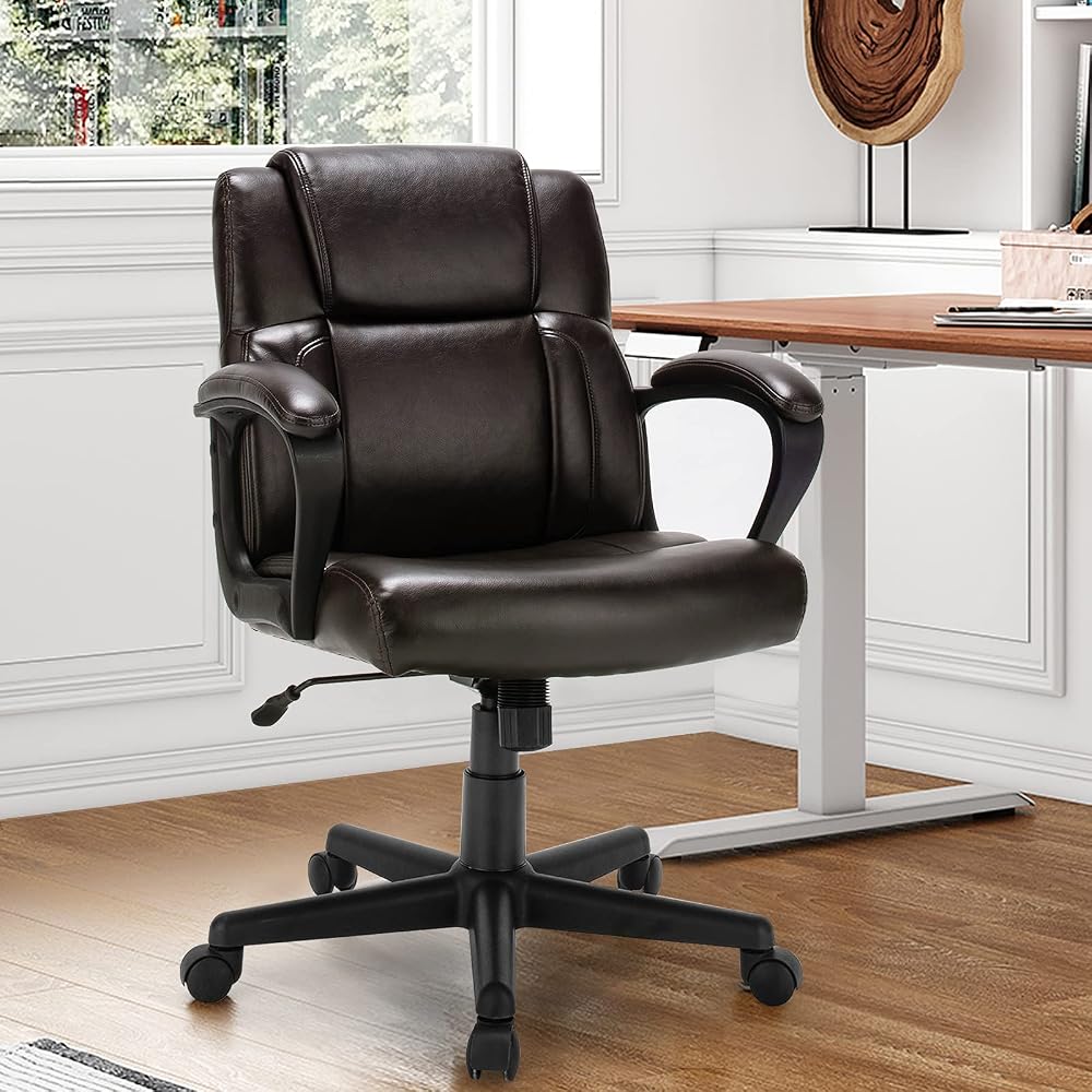 GIANTEX Leather Executive Chair, Ergonomic Mid Back Computer Desk Chair with 4" Thickened Cushion, Soft Padded Armrests, Height Adjustable Modern Swivel Task Chair for Home Office Study, Brown