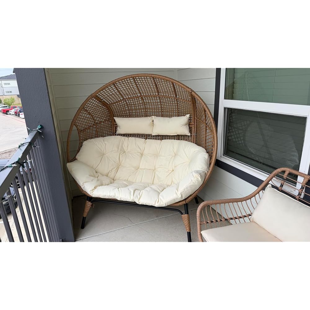 RADIATA Double Egg Chair with Ottoman, 2 Person Outdoor Wicker Loveseat