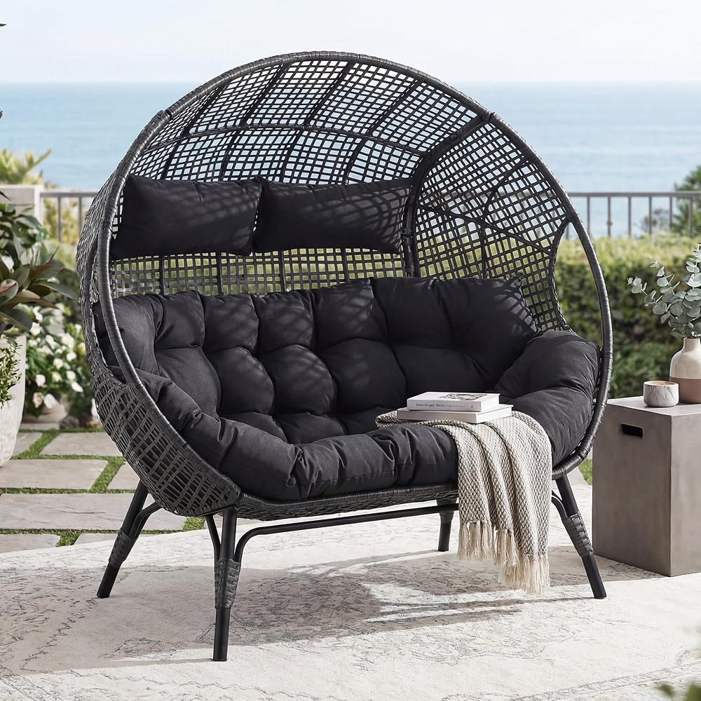 RADIATA Double Egg Chair with Ottoman, 2 Person Outdoor Wicker Loveseat
