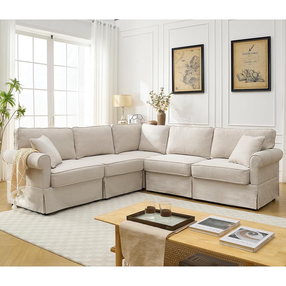 KEIKI 94" L-Shaped Oversized Modular Linen Sectional Sofa with Rolled Arms, Cushion Back, Modern Style Convertible 5-Seater Corner Couch, Easy Assembly, for Apartment, Living Room, Bedroom, Beige