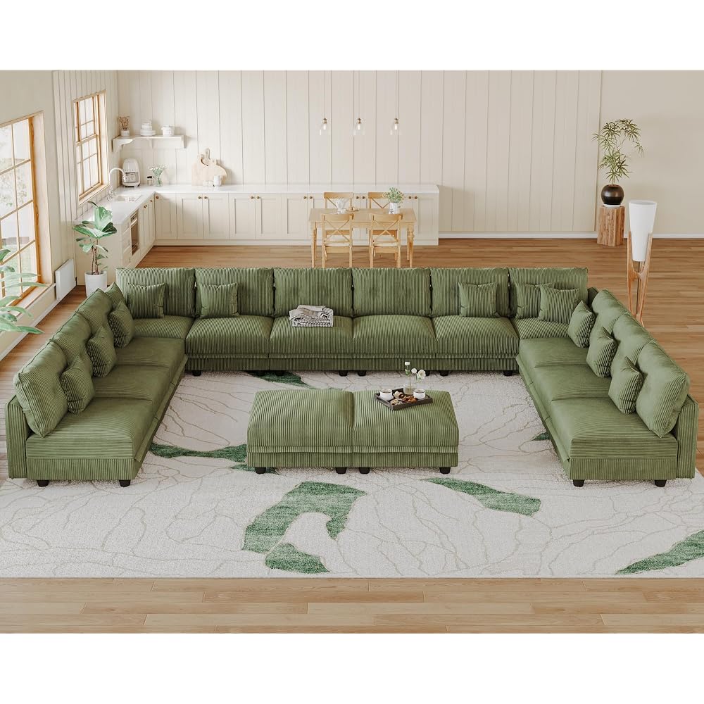 LLappuil Oversized Sectional Sofa Modular Cloud Couch with 14 Storage Seats & 12 Throw Pillows, Corduroy U Shaped Couches for Large Living Room, Rearrangable Sleeper Sofas, Scratch Resistant, Green