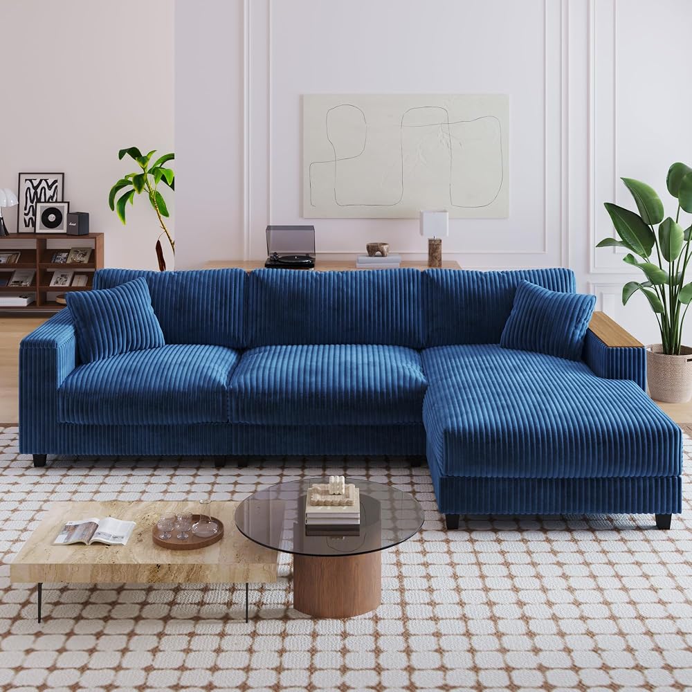 Modular Sectional Sofa, 114.5" Convertible L Shaped Couch with Corduroy Fabric, 3 Seater Corner Sleeper Sofa with Chaise, Storage Armrests & 2 Pillows, Modern Comfy Upholstered Couches for Living Room